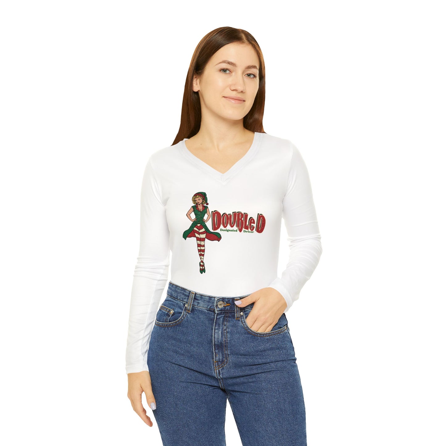 Sexy Christmas Elf Long Sleeve V-neck Shirt (Women's)